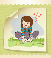 Image showing romantic girl sitting barefoot in the grass