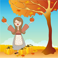 Image showing autumn girl with apples and pumpkins