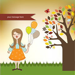 Image showing Funny girl with balloon, birthday greeting card