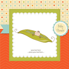 Image showing little boy sleeping in a pea been, baby announcement card