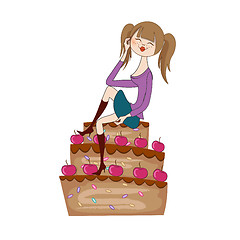 Image showing sexy young woman sitting on a big cake