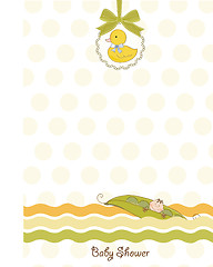 Image showing little boy sleeping in a pea been, baby announcement card