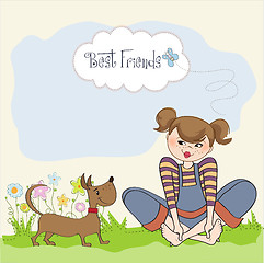 Image showing romantic girl sitting barefoot in the grass with her cute dog