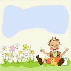 Image showing baby boy playing with his duck toy, welcome baby card