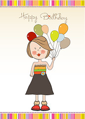 Image showing Funny girl with balloon, birthday greeting card