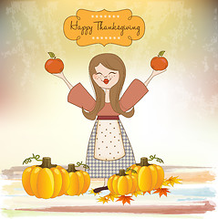 Image showing autumn girl with apples and pumpkins