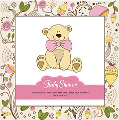 Image showing baby shower card with teddy bear toy