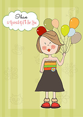 Image showing Funny girl with balloon, birthday greeting card