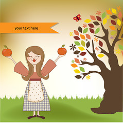 Image showing autumn girl with apples and pumpkins