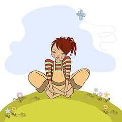 Image showing romantic girl sitting barefoot in the grass