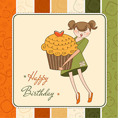 Image showing Happy Birthday card with girl and cup cake