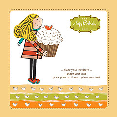 Image showing Happy Birthday card with girl and cup cake