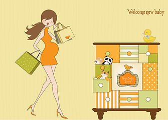 Image showing baby announcement card with beautiful pregnant woman on shopping