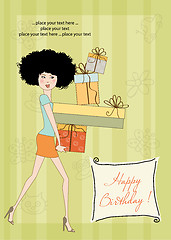 Image showing birthday card - pretty young lady with arms full of gifts