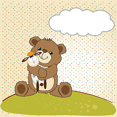 Image showing childish greeting card with teddy bear and his toy