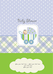 Image showing baby boy announcement card with baby and pram