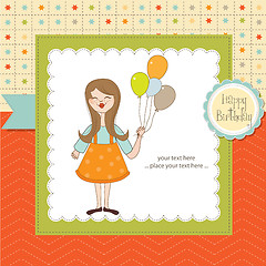 Image showing Funny girl with balloon, birthday greeting card