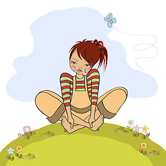 Image showing romantic girl sitting barefoot in the grass