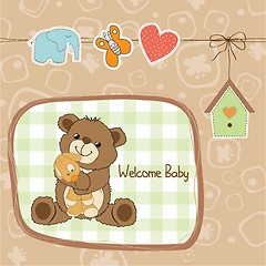 Image showing baby shower card with teddy bear toy