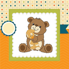 Image showing childish greeting card with teddy bear and his toy