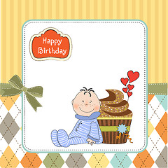Image showing birthday greeting card with cupcake and little baby