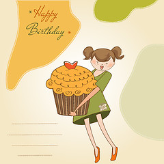 Image showing Happy Birthday card with girl and cup cake