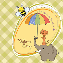 Image showing baby shower card with funny elephant and little cat under umbrel