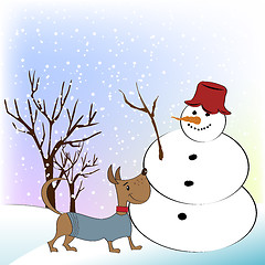 Image showing Christmas greeting card with funny snowman and happy dog
