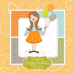 Image showing Funny girl with balloon, birthday greeting card