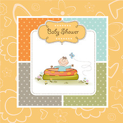 Image showing baby bathe in a small pool . shower announcement card