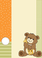 Image showing childish greeting card with teddy bear and his toy