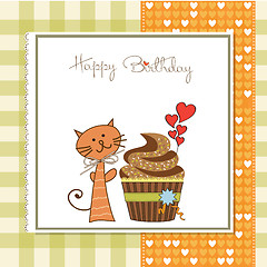 Image showing birthday greeting card with cupcake and cat