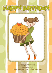 Image showing Happy Birthday card with girl and cup cake