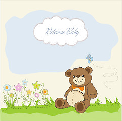 Image showing baby shower card with cute teddy bear toy