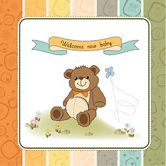 Image showing baby shower card with cute teddy bear toy