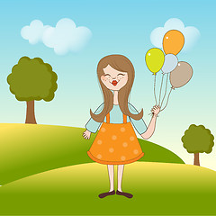 Image showing Funny girl with balloon, birthday greeting card