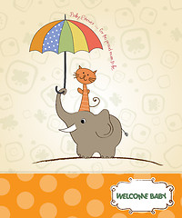 Image showing baby shower card with funny elephant and little cat under umbrel