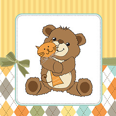 Image showing childish greeting card with teddy bear and his toy