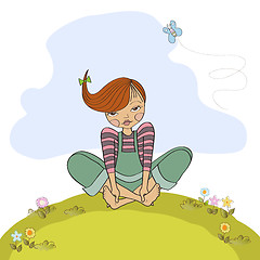 Image showing romantic girl sitting barefoot in the grass