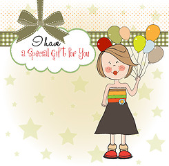 Image showing Funny girl with balloon, birthday greeting card