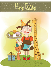 Image showing Happy Birthday card with funny girl, animals and cupcakes