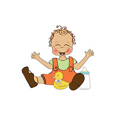 Image showing baby boy playing with his duck toy, welcome baby card