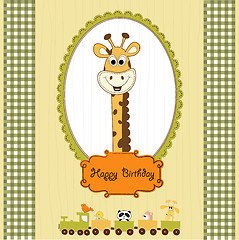 Image showing birthday greeting card with giraffe and animals train