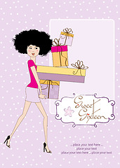 Image showing birthday card - pretty young lady with arms full of gifts