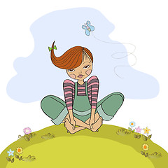 Image showing romantic girl sitting barefoot in the grass