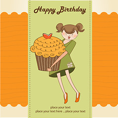 Image showing Happy Birthday card with girl and cup cake