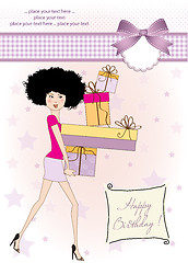 Image showing birthday card - pretty young lady with arms full of gifts