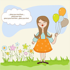 Image showing Funny girl with balloon, birthday greeting card