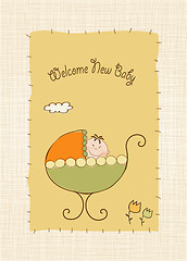 Image showing baby boy announcement card with baby and pram