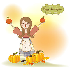 Image showing autumn girl with apples and pumpkins